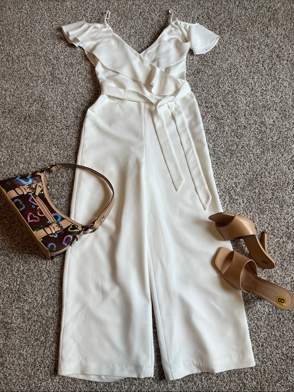 White Cold-Shoulder Wide-Leg Jumpsuit with Tie Front